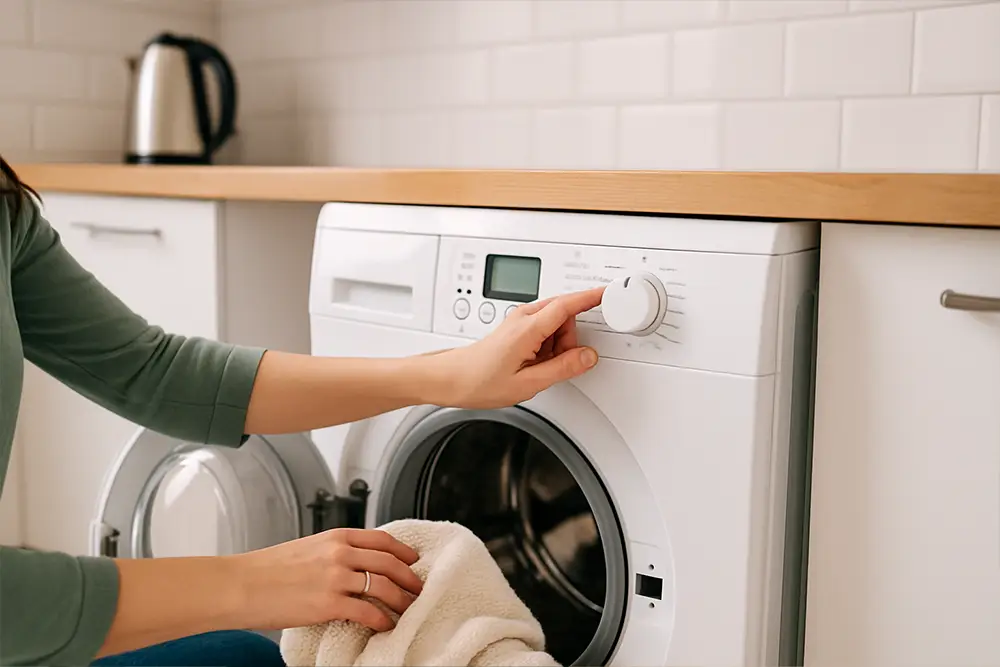Persoun, déi en Tablet benotzt, fir energieeffizient Haushaltsapparater ze vergläichen