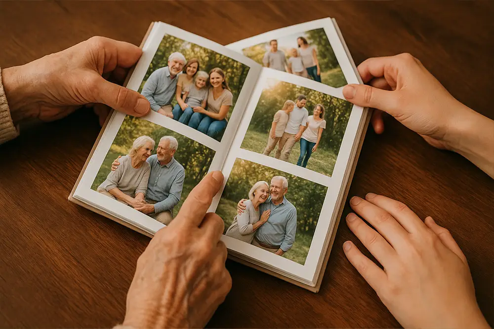 Hänn vu verschiddene Generatiounen, déi an engem Fotoalbum bliederen, als Symbol fir d'Deelen an d'Weidergi vun Erënnerungen