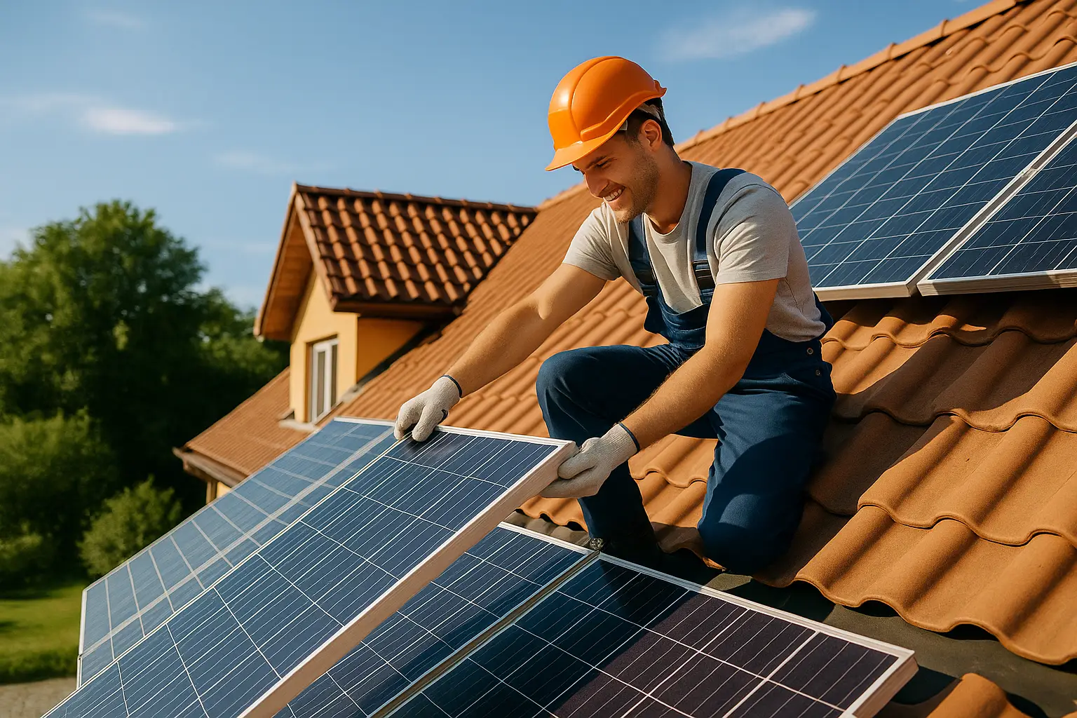 Installateur, deen Photovoltaik-Panneauen op engem Daach installéiert dank engem Solarkredit
