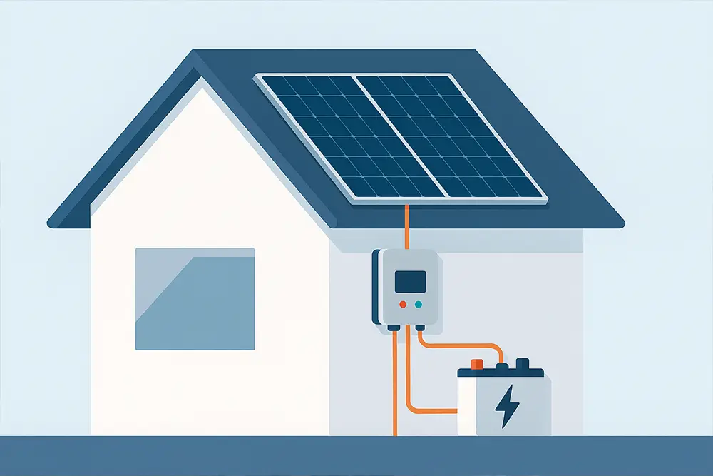 Detailer vun enger Solaranlag mat Wiesselriichter a Batterie