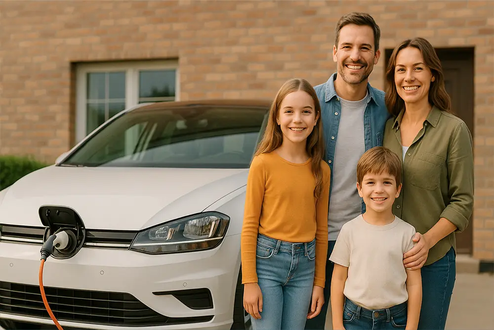 Laachend Famill nieft hirem ugeschlossenen elektreschen Auto, wat en nohaltegen Investissement duerch de grénge Kredit symboliséiert
