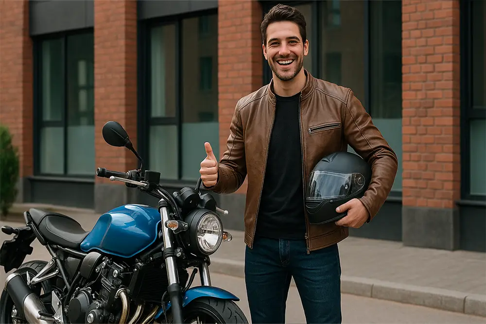 Motofuerer op engem neie Roadster-Moto op enger Landstrooss