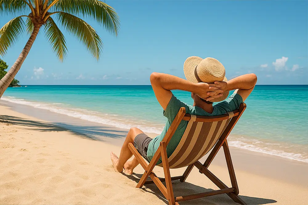Persoun déi sech op enger exotescher Plage entspaant, Symbol fir eng Rees ouni Stress